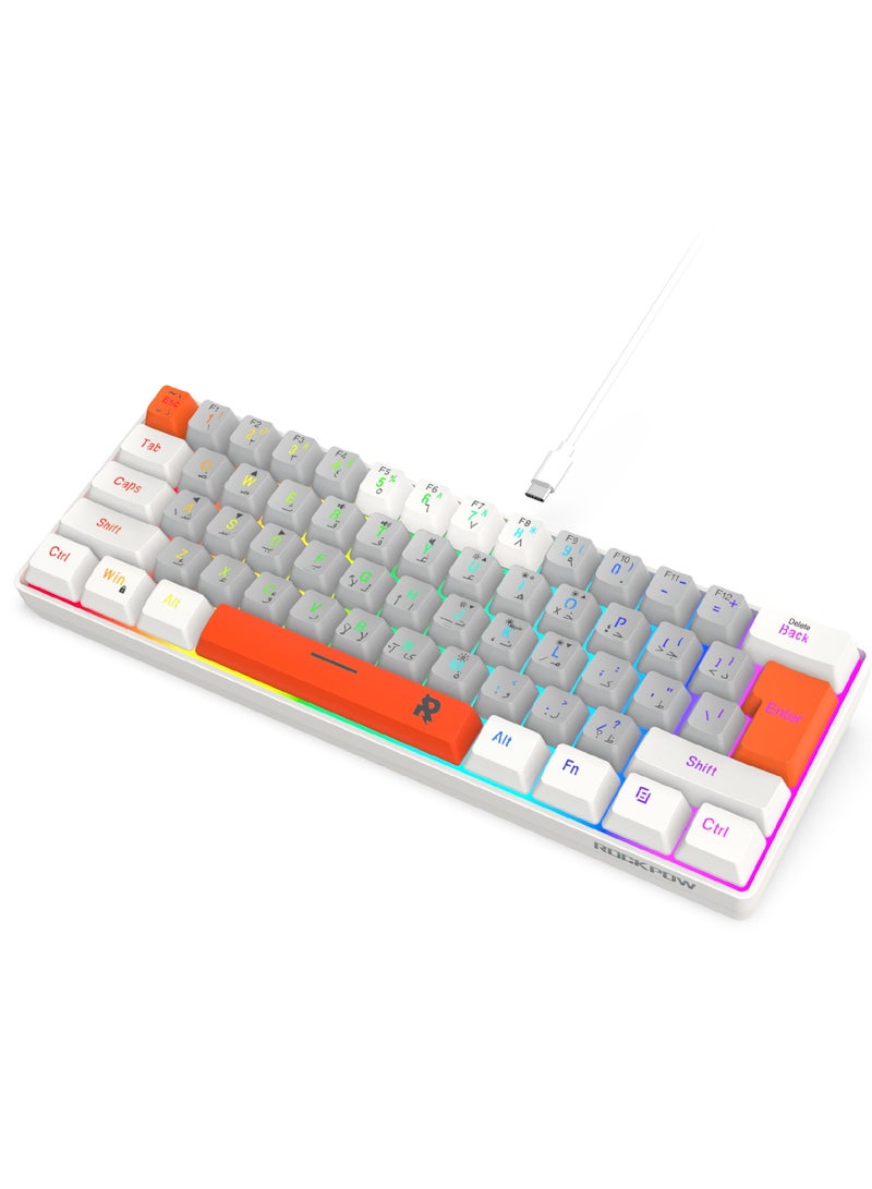ROCK POW 60% Wired Gaming Keyboard,Arabic English 61Key RGB Backlit Membrane Gaming Keyboard, Ultra-Compact Mini Waterproof Keyboard for PC Computer Gamer White Grey Orange - Image 1